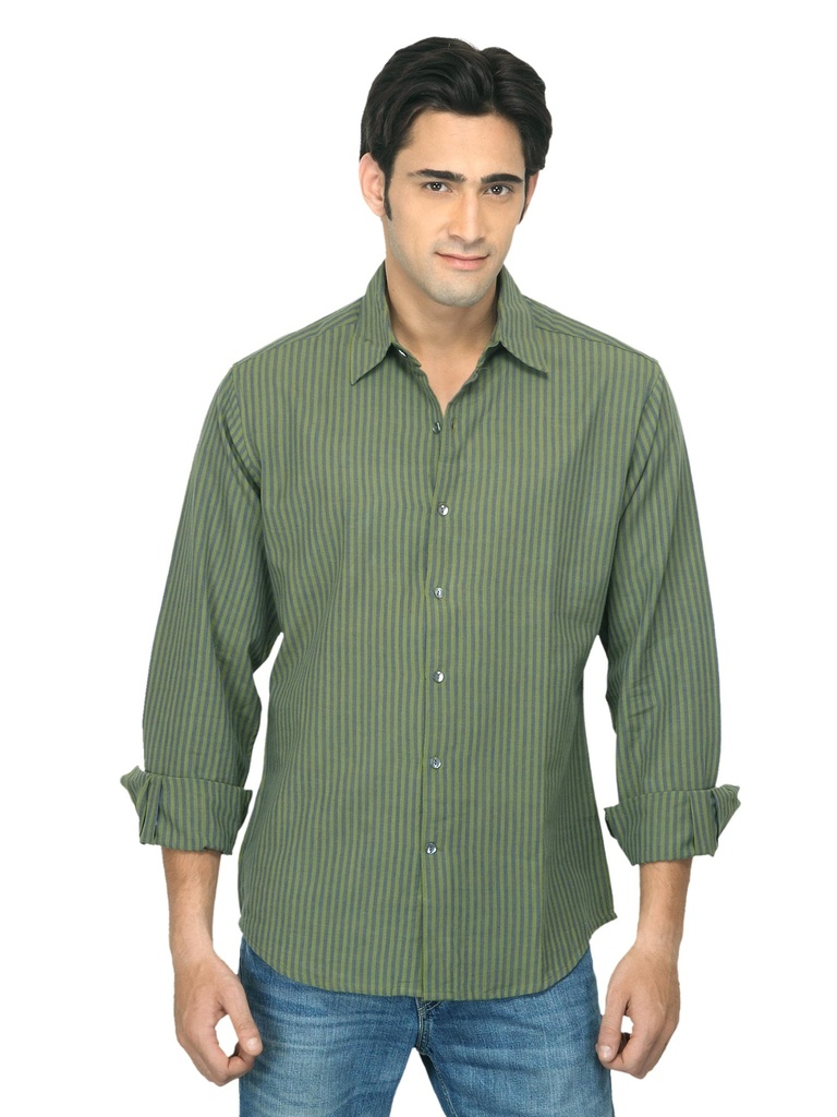 Classic Striped Green Shirt for Men - Fabindia Casual Wear