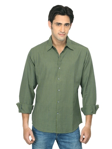 [KG-30805] Classic Striped Green Shirt for Men - Fabindia Casual Wear